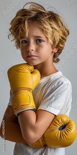 Side view of a 7-year-old Caucasian boy, wearing yellow boxing gloves and a white T-shirt, against a white background. horizontal image. mockup for advertising boxing gloves or boxing classes for chil (ID: 802454514)