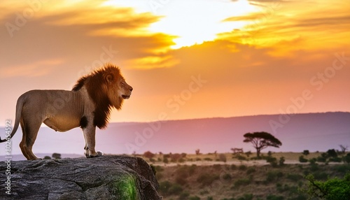 a proud male lion standing on the edge of a cliff with the african sunset on the horizon