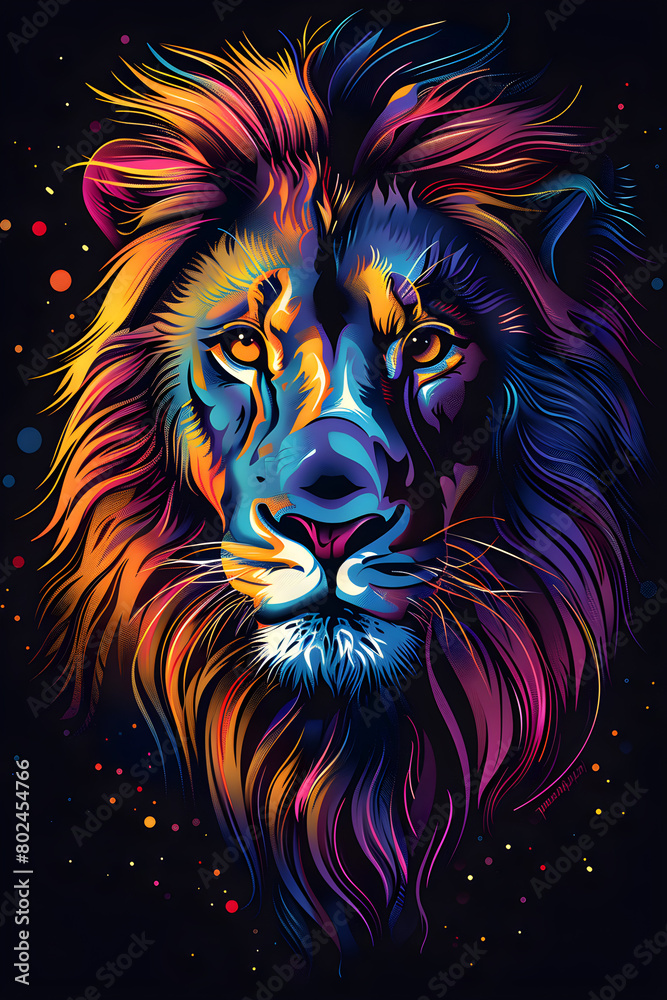 Colorful lion design for printing on t-shirt, showcasing the majestic and fierce nature of the animal. Great for wildlife and fashion enthusiasts.