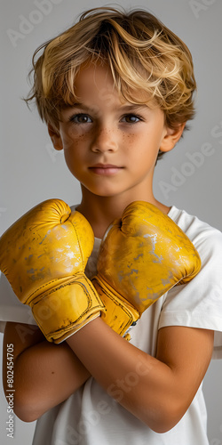Side view of a 7-year-old Caucasian boy, wearing yellow boxing gloves and a white T-shirt, against a white background. horizontal image. mockup for advertising boxing gloves or boxing classes for chil (ID: 802454705)