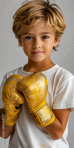 Side view of a 7-year-old Caucasian boy, wearing yellow boxing gloves and a white T-shirt, against a white background. horizontal image. mockup for advertising boxing gloves or boxing classes for chil (ID: 802454727)