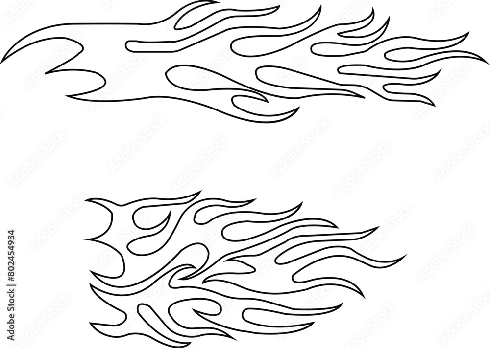 Fototapeta premium Tribal black fire flames tattoo design. Fire and flaming line or outline icon set. Contour bonfire, linear flaming elements isolated on transparent background. Hand drawn monochrome vector collection.