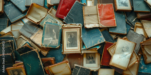 Stack of old photo albums and memories piled up in a nostalgic display of vintage photographs and cherished moments photo