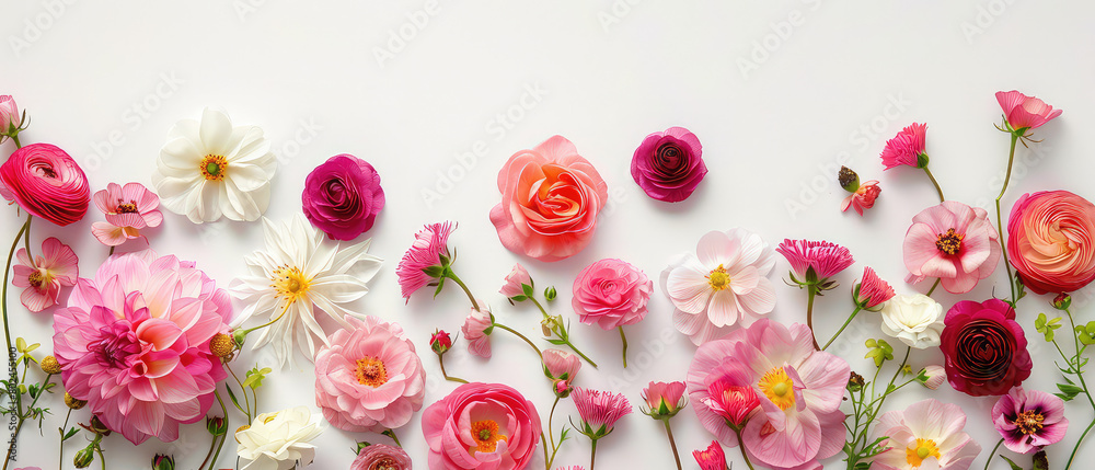 Bright pink floral spread on white landscape Bright pink floral spread on white landscape