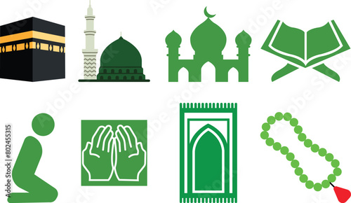 Islamic religion prayer green vector icon set isolated on transparent background. collection of Kaaba, Medina, Quran, Mosque Dua hands Tasbih, Praying man, and Rug symbol use for Ramadan, web and app