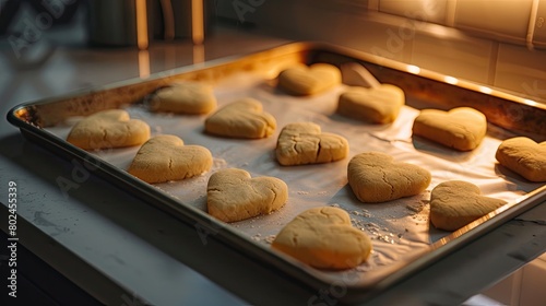 Love Baked In: Heart Shaped Cookies in a Pan on Counter