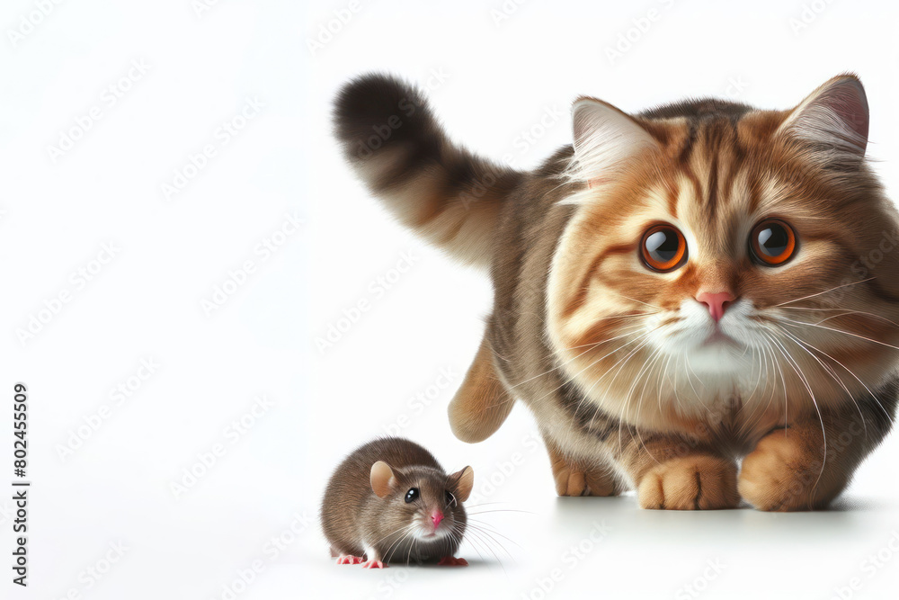 cat chasing a mouse on a white background cat chasing a mouse on a white background