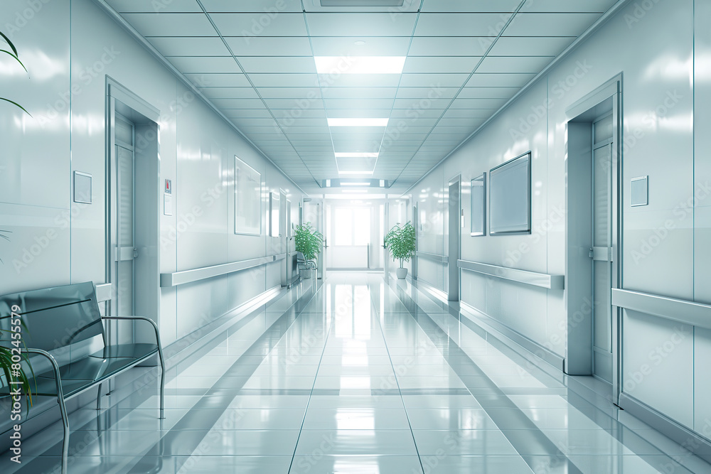 Empty modern hospital corridor with benches