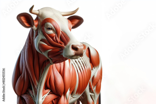 cow anatomy showing body and head, face with muscular system visible on solid white background