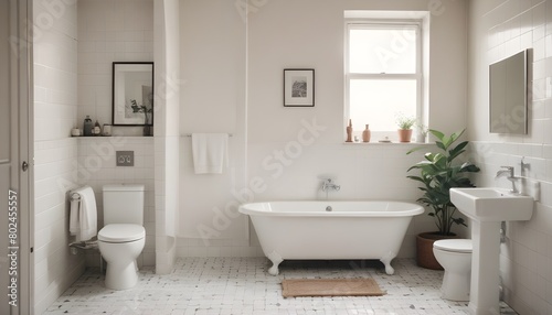 A bathroom with a toilet and a bathtub with a mirror on the wall. © Zulfi_Art