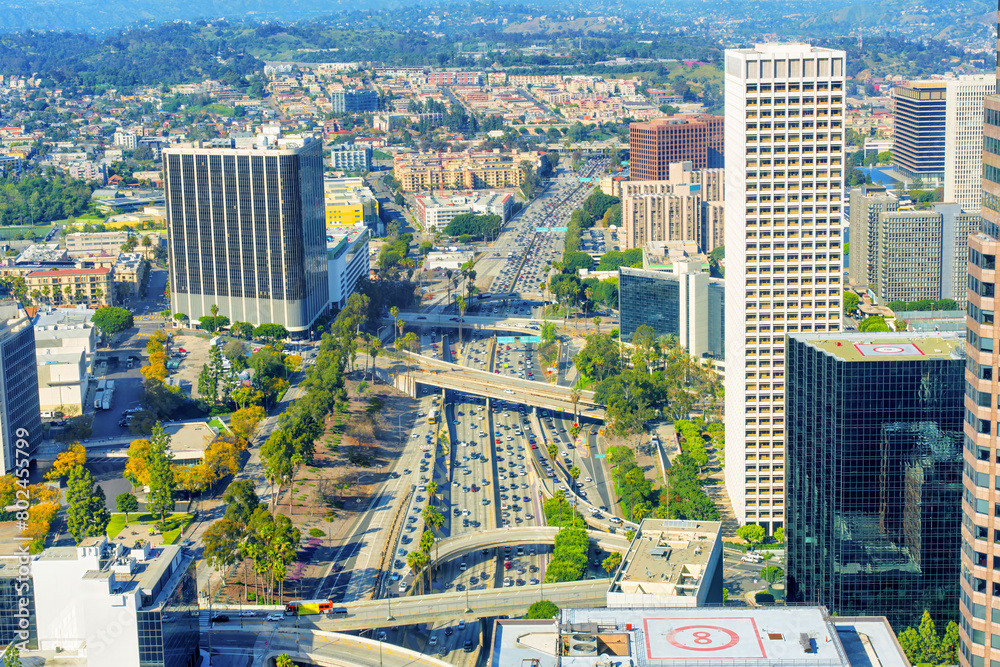Fototapeta premium Aerial View of Modern Architecture and Freeway in Downtown Los Angeles