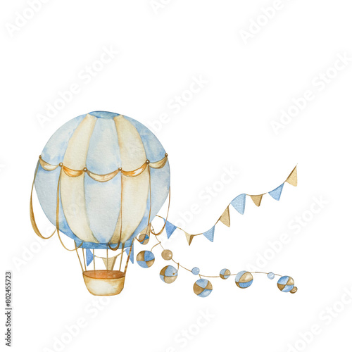 Watercolor Hot Air Balloons. Composition. Children's Illustration. Beige, Blue Pastel Colors. Background for Children's Bedroom, Photo Frames, Invitations, Children's Shop, Stationery. Vintage Style
