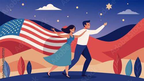 In an empty field a couple takes to dancing under a sky filled with stars and stripes celebrating the freedoms of their beloved country.. Vector illustration