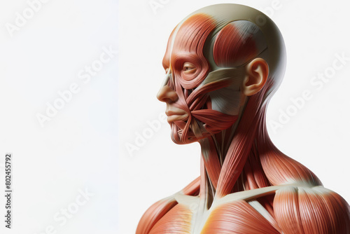 human anatomy showing body and head, face with muscular system visible on solid white background photo