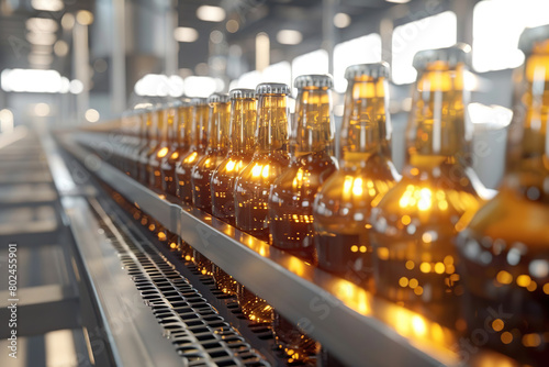 Beer bottles on a conveyor belt in brewery