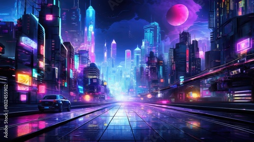 A cyberpunk-inspired cityscape at night, illuminated by neon signs and lights, with futuristic cars traversing the vividly colored streets. Resplendent. photo