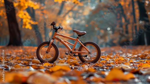 Copper-toned baby bicycle in an autumn park, rustic fall colors, copy space for text