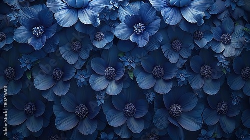  A row of blue flowers on a black backdrop with a central blue bloom photo