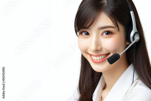 a smiling female call center helpdesk operator on a white background