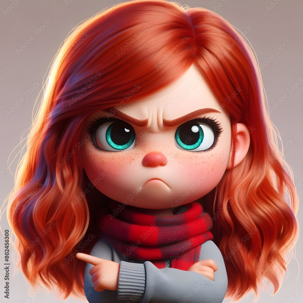 Obraz premium Animated Angry Young Girl With Red Hair Displaying a Determined Expression