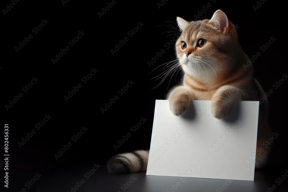 cat with blank sheet of paper on a black background
