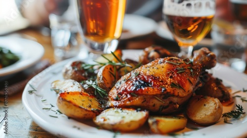 Close-up of a plate of chicken and potatoes with a glass of beer photo