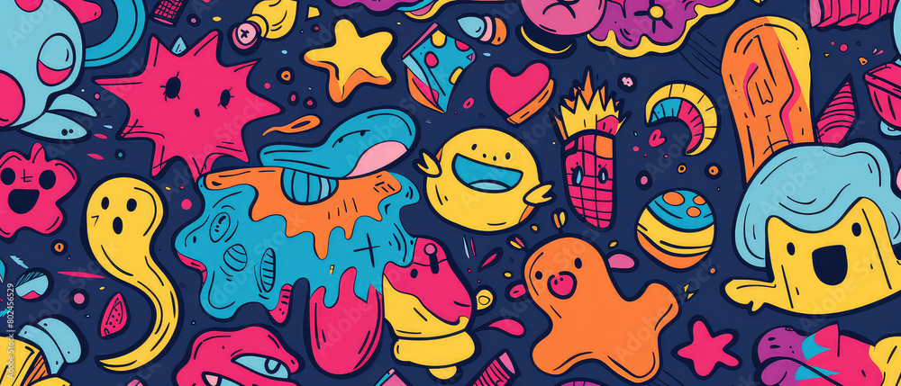 Colorful doodle monsters and stars pattern Colorful doodle monsters and stars pattern
