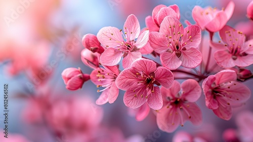  A tree with numerous pink blooms against a backdrop of blue and blurry colors