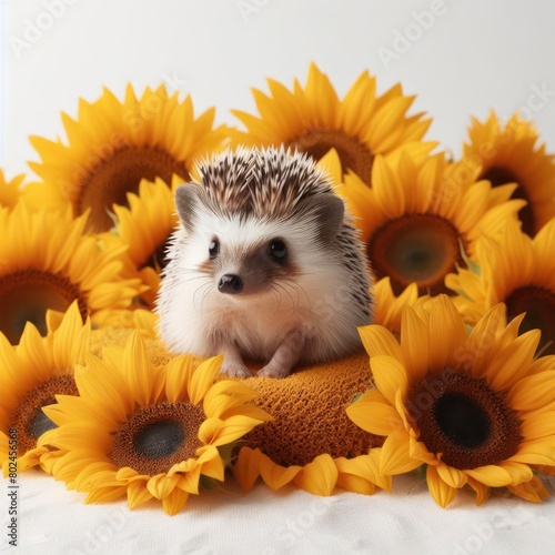 hedgehog in sunflowers on a white background