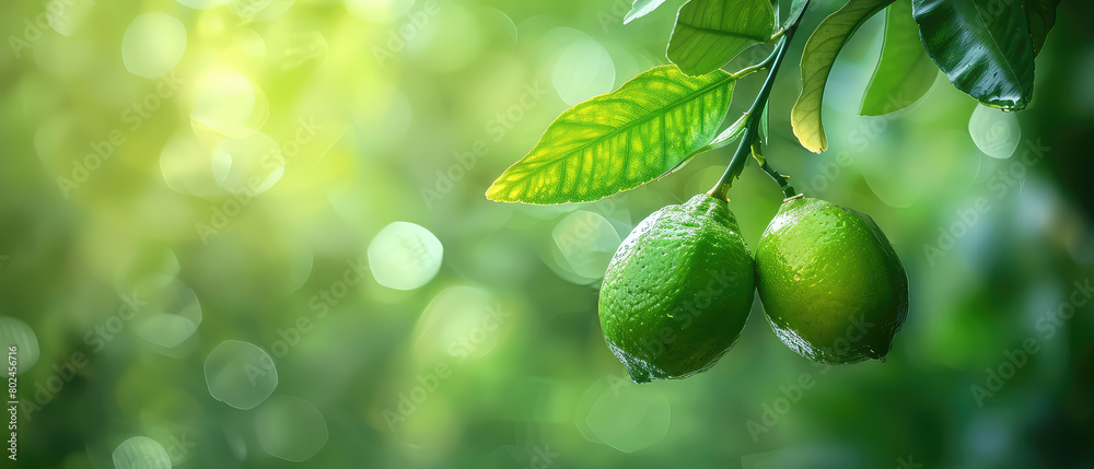 Two limes with water droplets on a branch