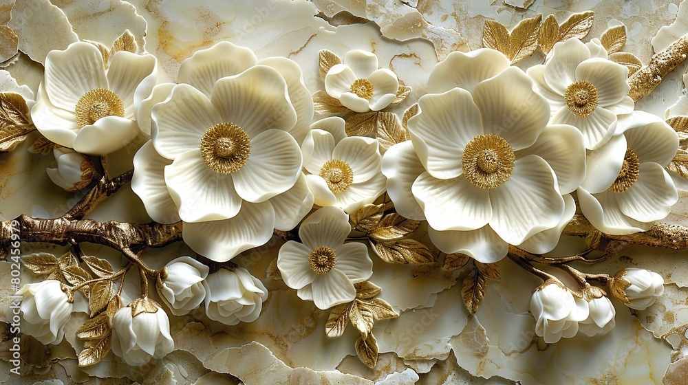 A cluster of white blossoms adorns a marble background, framed by gold-leafed stem centers A cluster of white blossoms adorns a marble background, framed by gold-leafed stem centers