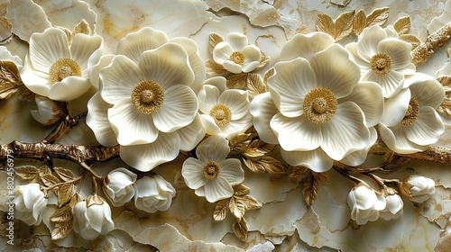   A cluster of white blossoms adorns a marble background, framed by gold-leafed stem centers © Nadia