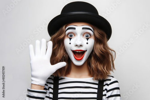 funny girl mime on white background copy space