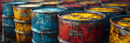 3D Illustration of Barrels with Crude Oil , Oil barrels and chemical drums stacked in warehouse storage  © Zafar
