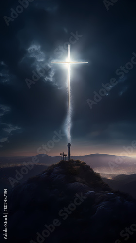 Shining cross on the top of the mountain