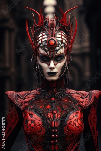 Futuristic Cyborg Warrior in Dramatic Red and Black Costume