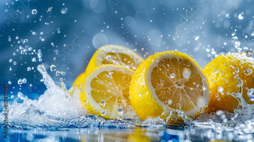 lemon on a blue wet background. cut lemon in drops and splashes of water. (ID: 802457546)