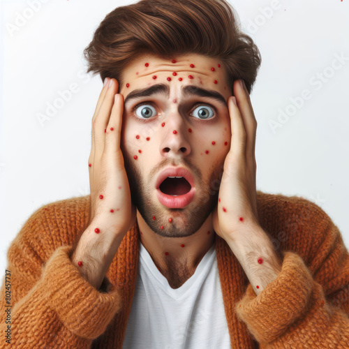 surprised Sick man with chickenpox isolated on a white background photo