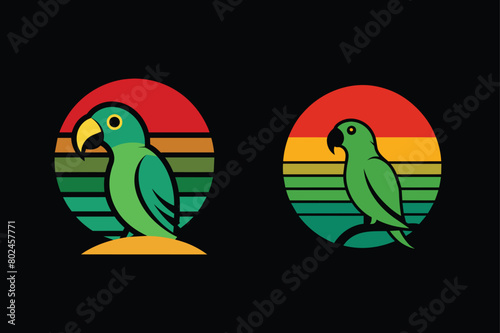 Print t-shirt design, Green Parrot Illustration with retro