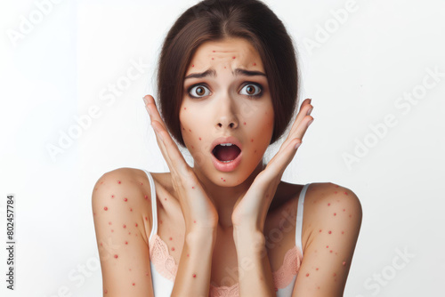 surprised Sick woman with chickenpox isolated on a white background photo