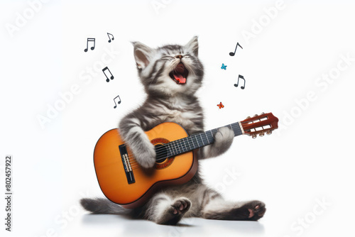 cat singing along and playing the guitar on a white background