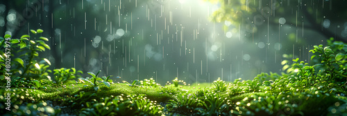 Beautiful Moss Rain Background, Rain drop copy space blurred background © Zafar