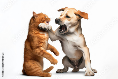 Cat fight with dog on white background © Ольга Лукьяненко