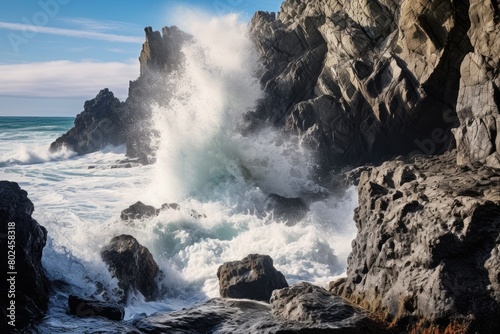 Powerful Waves Crashing Against Rocky Cliffs