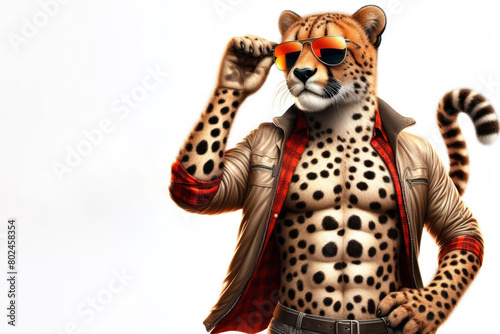 Cheetah with sunglasses on white background