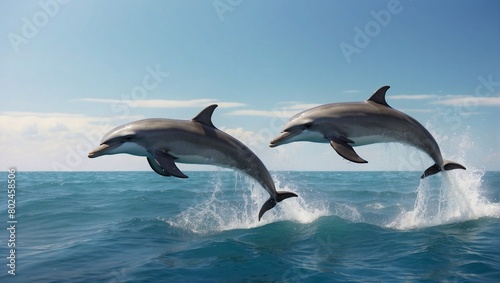 two dolphins jumping over the sea together 