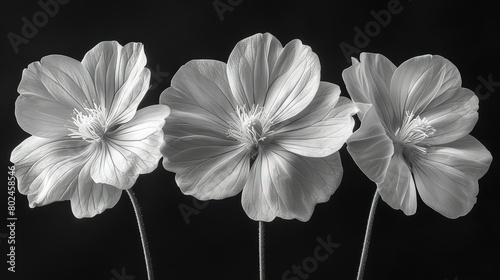   A B W photo of three flowers in three stems  featuring one large and one small