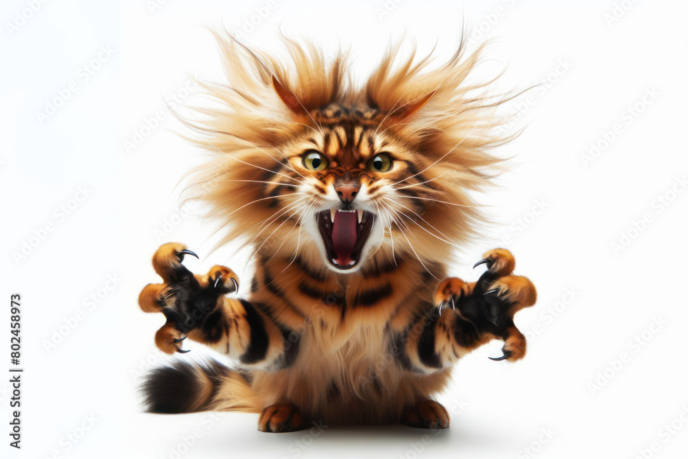 Angry cat hisses with its fur on end on a white background