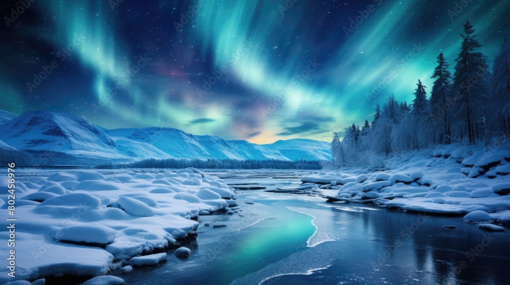 Breathtaking Aurora Borealis Over Snowy Landscape