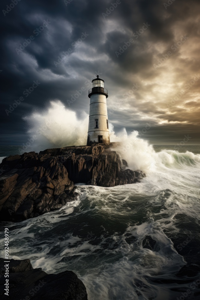 Obraz premium Dramatic Lighthouse Overlooking Stormy Seas